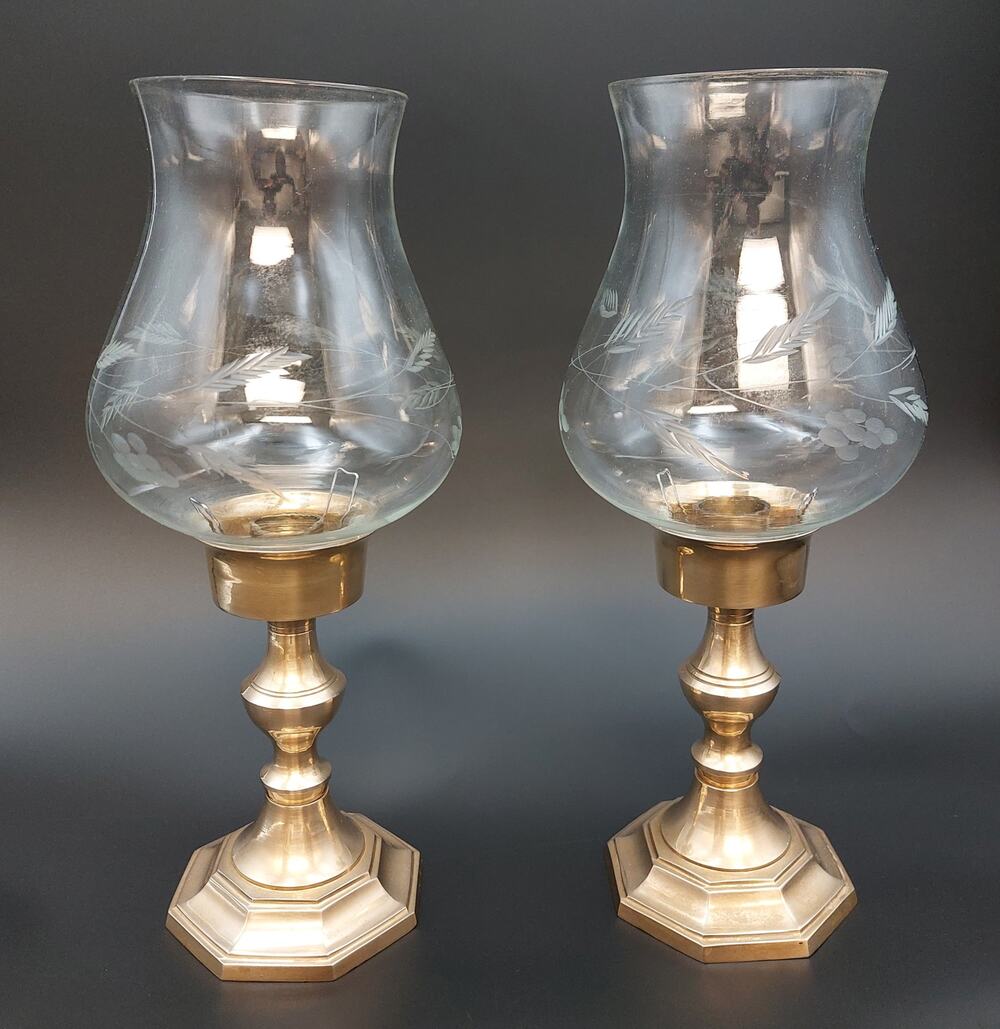 Vintage GATCO Solid Brass Hurricane Candle Holders Pair Etched Glass Shade 11"